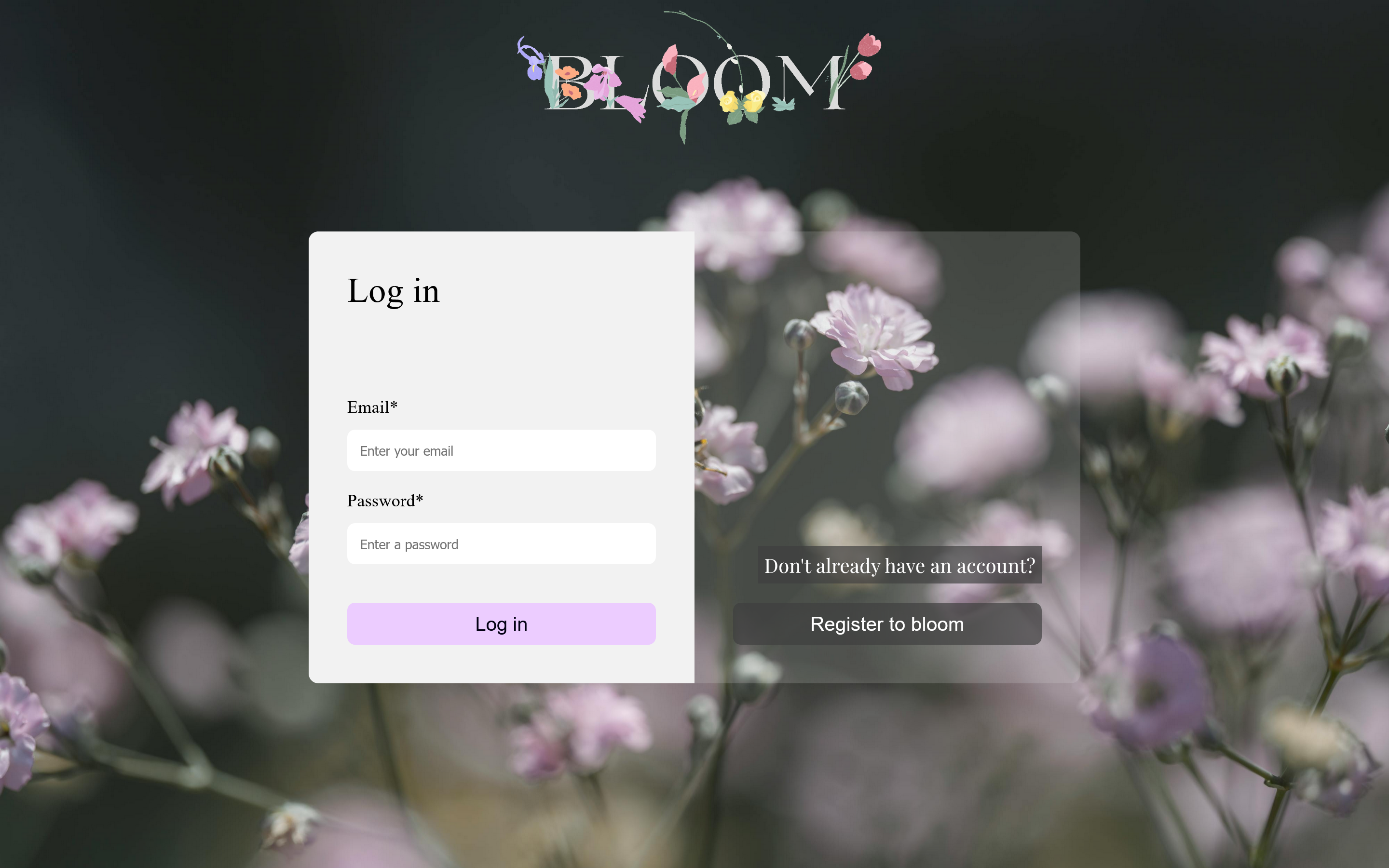 Bloom's login screen with fields for email and password, accompanied by a floral background and the Bloom logo at the top.